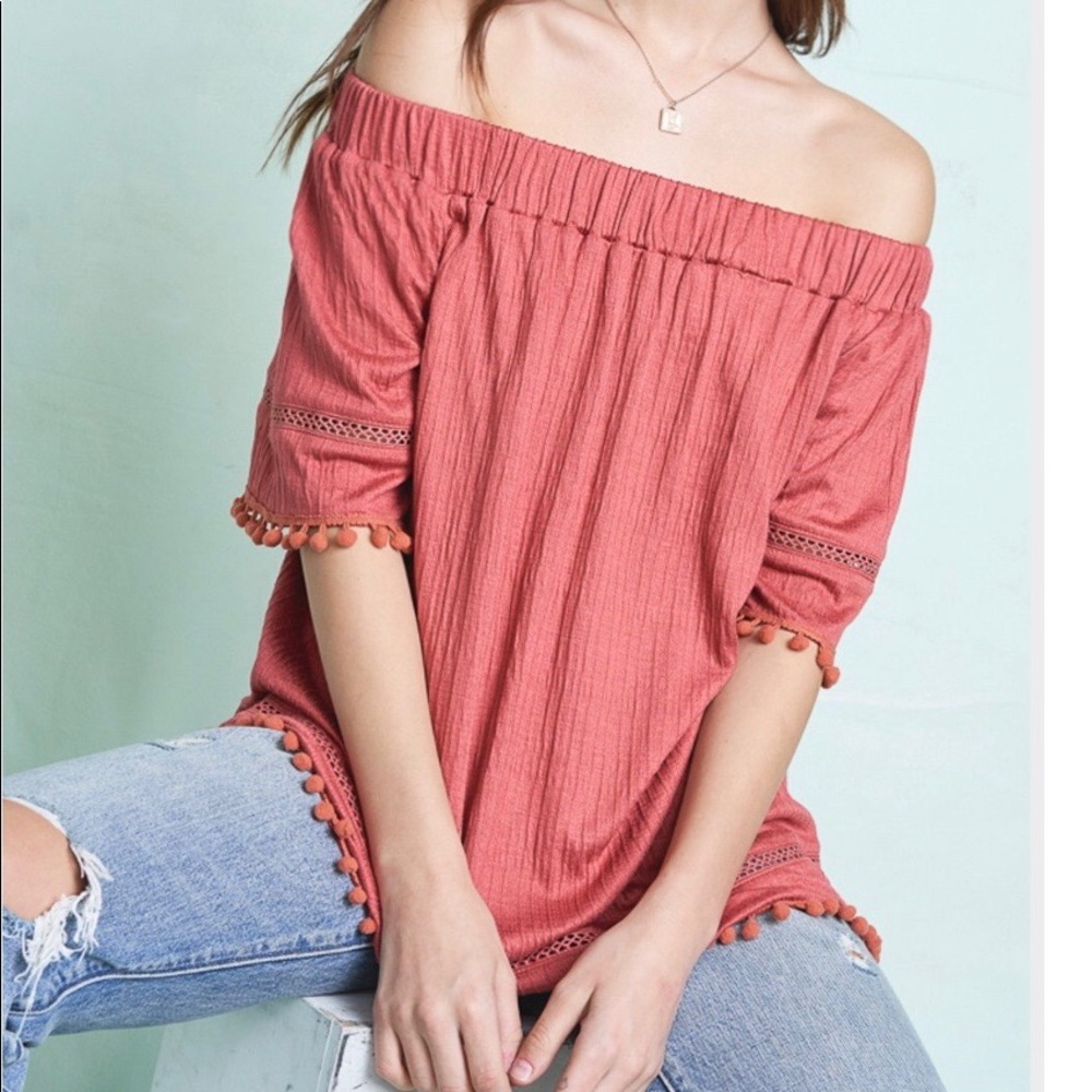Marsala Pom Pom Off the Shoulder Blouse